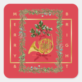 Pegatina Cuadrada Elegant French Horn Christmas Cherry Red