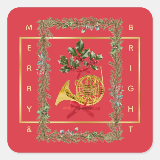 Pegatina Cuadrada Elegant French Horn Christmas Cherry Red (Anverso)