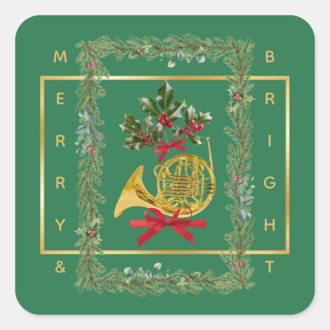 Pegatina Cuadrada Elegant French Horn Christmas Green (Anverso)