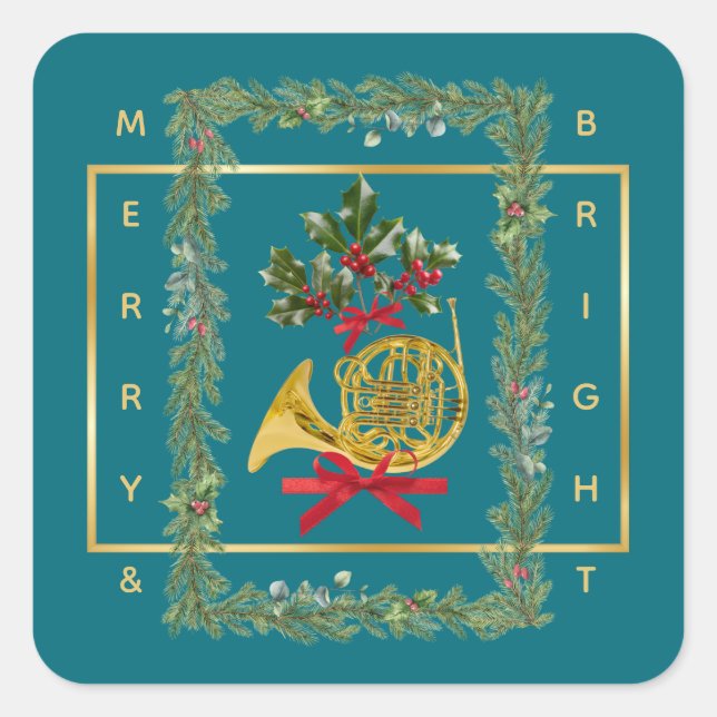 Pegatina Cuadrada Elegant French Horn Christmas Teal (Anverso)
