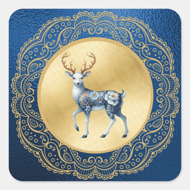 Pegatina Cuadrada Elegant Gold and Blue Stickers Christmas  (Anverso)