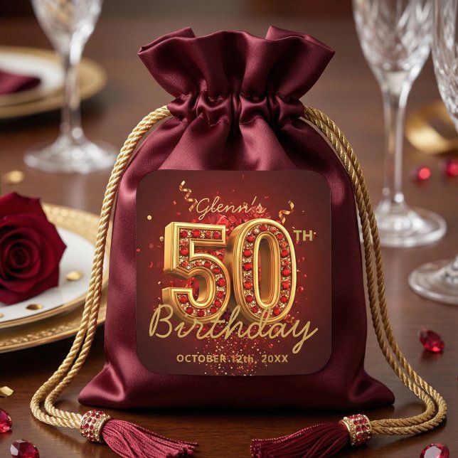 Pegatina Cuadrada Elegant Gold and Ruby Red 50th Birthday Party (Subido por el creador)