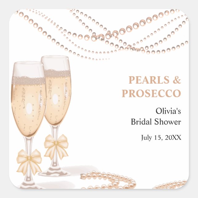 Pegatina Cuadrada Elegant Gold Bow Pearls and Prosecco Bridal Shower (Anverso)