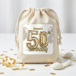 Pegatina Cuadrada Elegant Gold Diamond 50th Birthday Party Balloons