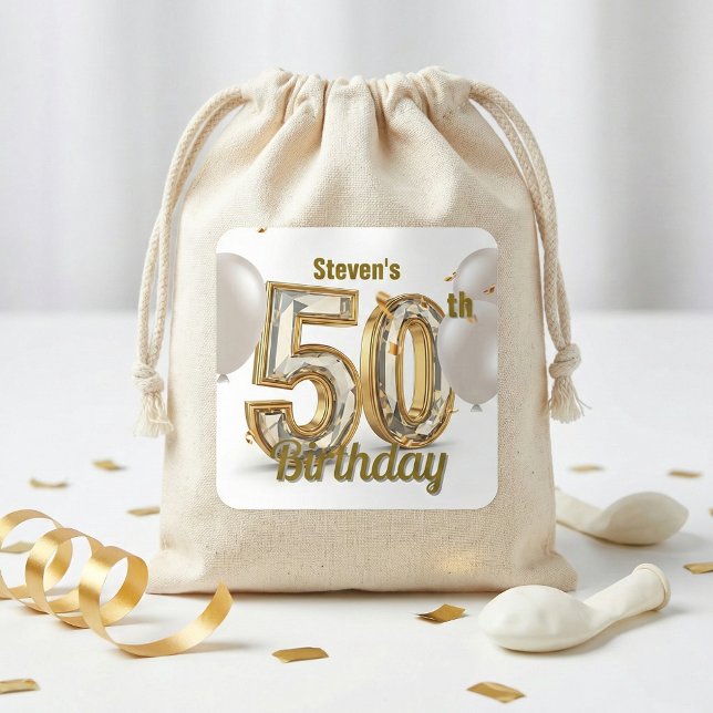 Pegatina Cuadrada Elegant Gold Diamond 50th Birthday Party Balloons (Subido por el creador)