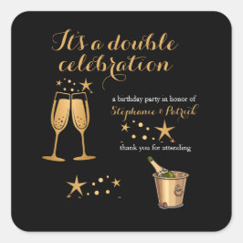 Pegatina Cuadrada Elegant Gold Doble Celebración Cumpleaños Conjunto