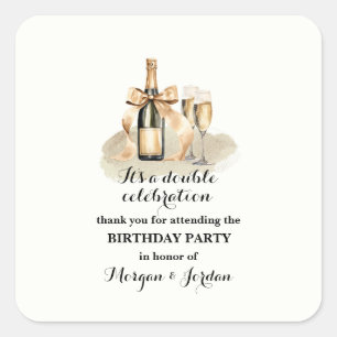 Pegatina Cuadrada Elegant Gold Doble Celebración Cumpleaños Conjunto