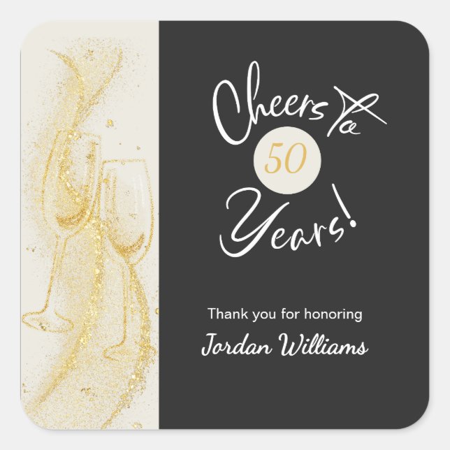 Pegatina Cuadrada Elegant Gold Grey Cheers to 50 Years Birthday (Anverso)