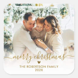 Pegatina Cuadrada Elegant Gold Script Family Photo Merry Christmas