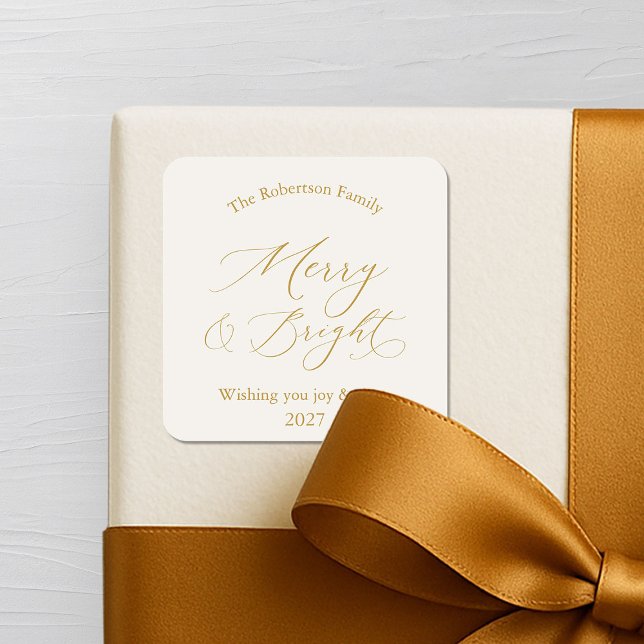 Pegatina Cuadrada Elegant Gold Script “Merry & Bright” Christmas (Subido por el creador)
