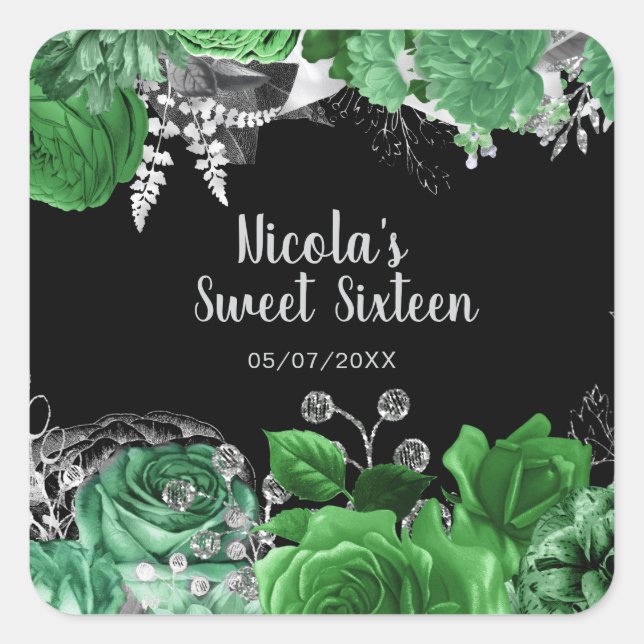 Pegatina Cuadrada Elegant Green and Silver Flowers Sweet Sixteen  (Anverso)