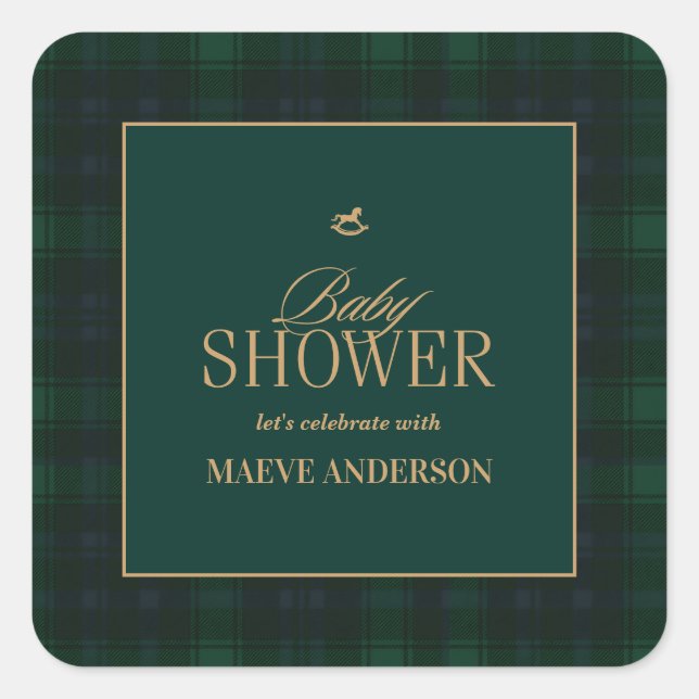 Pegatina Cuadrada Elegant Green navy gold Plaid tartan Baby shower (Anverso)