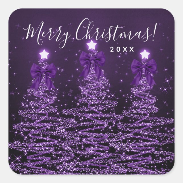 Pegatina Cuadrada Elegant Holiday Purple Christmas Trees Bows  (Anverso)