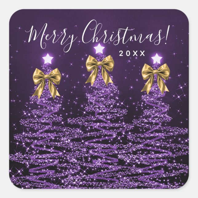 Pegatina Cuadrada Elegant Holiday Purple Christmas Trees Bows Gold  (Anverso)
