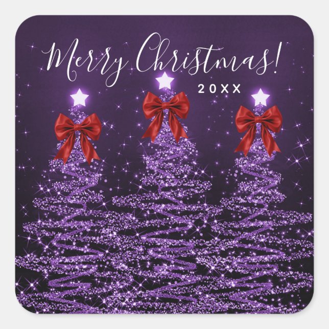 Pegatina Cuadrada Elegant Holiday Purple Christmas Trees Bows Red  (Anverso)