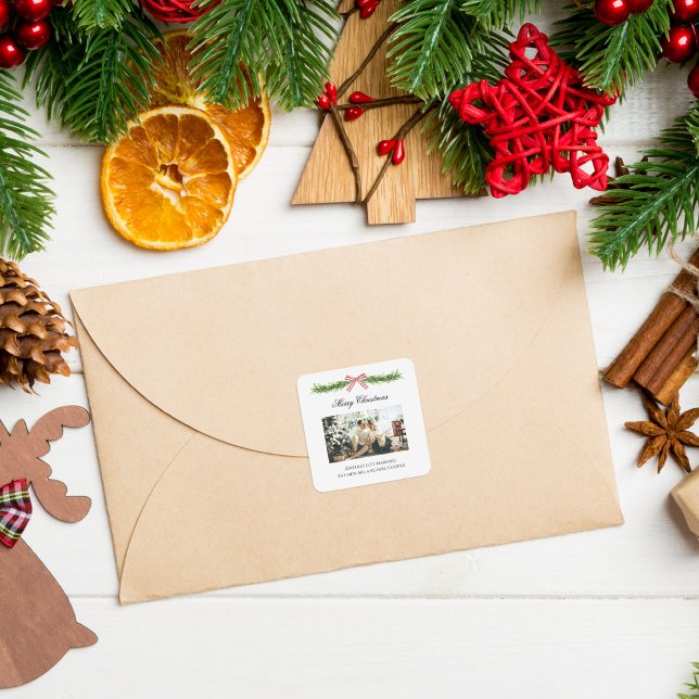 Pegatina Cuadrada Elegant Just Married Newlywed Christmas Photo (Subido por el creador)