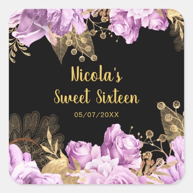 Pegatina Cuadrada Elegant Lilac and Gold Flowers Sweet Sixteen (Anverso)