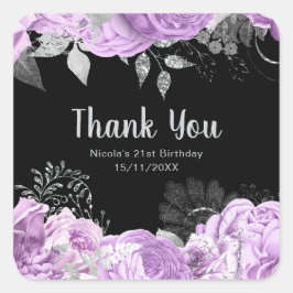 Pegatina Cuadrada Elegant Lilac and Silver Flowers Birthday Party