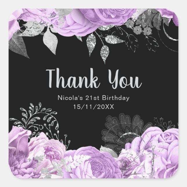 Pegatina Cuadrada Elegant Lilac and Silver Flowers Birthday Party (Anverso)