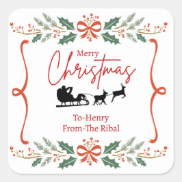Pegatina Cuadrada Elegant Merry Christmas Sticker with Santa Sleigh 