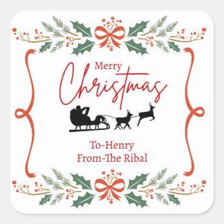 Pegatina Cuadrada Elegant Merry Christmas Sticker with Santa Sleigh 