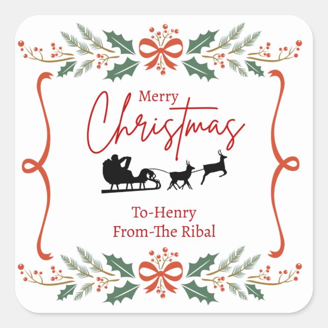 Pegatina Cuadrada Elegant Merry Christmas Sticker with Santa Sleigh  (Anverso)