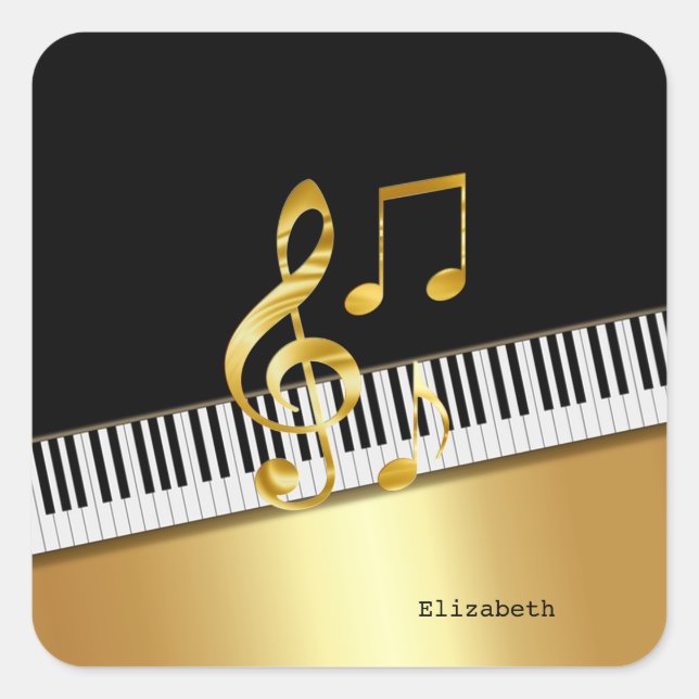 Pegatina Cuadrada Elegant Modern Black Gold Music Notes,Piano Keys (Anverso)