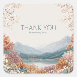 Pegatina Cuadrada Elegant Mountain Lake Blossom Gold Frame Landscape