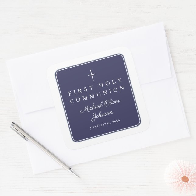 Pegatina Cuadrada Elegant Navy Blue Cross Boy First Communion  (Sobre)