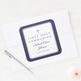 Pegatina Cuadrada Elegant Navy Blue Cross Boy First Communion 