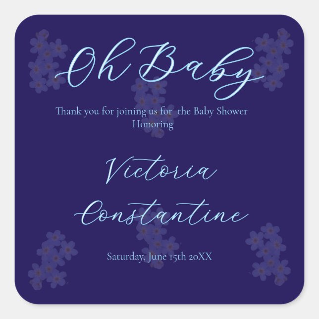 Pegatina Cuadrada Elegant Navy Blue Oh Baby Script Floral  (Anverso)