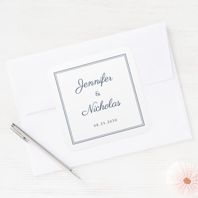 Pegatina Cuadrada Elegant Navy Blue Script Wedding (Sobre)