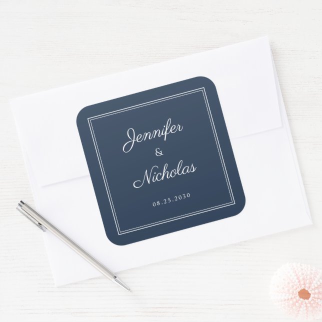 Pegatina Cuadrada Elegant Navy Blue Script Wedding (Sobre)