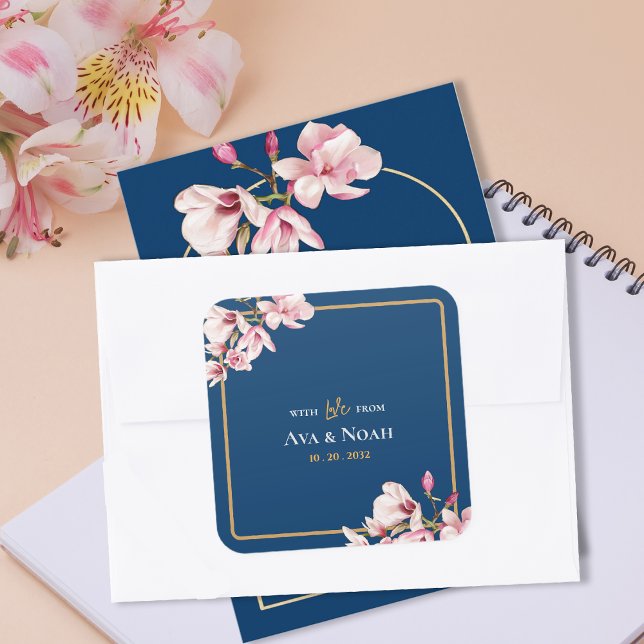 Pegatina Cuadrada Elegant Navy Blush Pink Magnolia Floral Wedding (Elegant Navy Blush Pink Magnolia Floral Wedding Square Sticker)