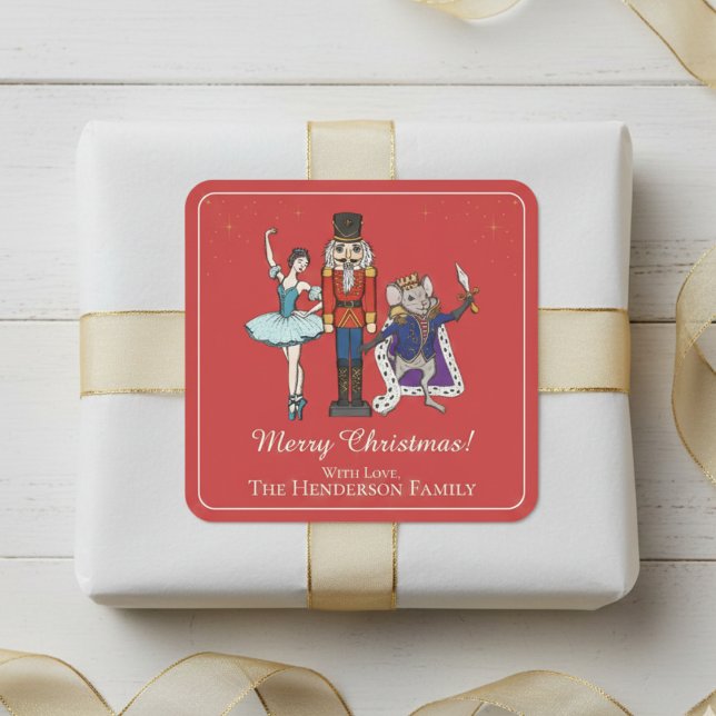 Pegatina Cuadrada  Elegant Nutcracker Merry Christmas (Festive Red Nutcracker Ballet Merry Christmas Sticker. Elegant Script. Cute Nutcracker & Ballerina)