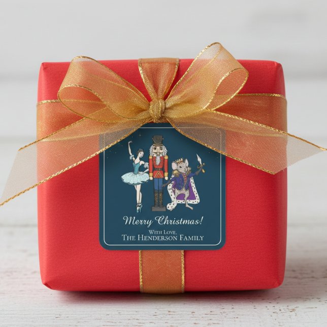 Pegatina Cuadrada Elegant Nutcracker Merry Christmas Square Sticker (Festive Nutcracker Ballet Merry Christmas Sticker. Elegant Navy Blue. Cute Nutcracker & Ballerina)