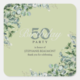 Pegatina Cuadrada Elegant Pastel Green Flower Women's 50th Birthday 