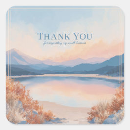 Pegatina Cuadrada Elegant Peach Blue Mountain Lake Landscape
