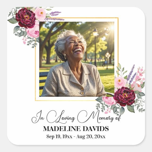 Pegatina Cuadrada Elegant Peonies Photo Funeral (Anverso)