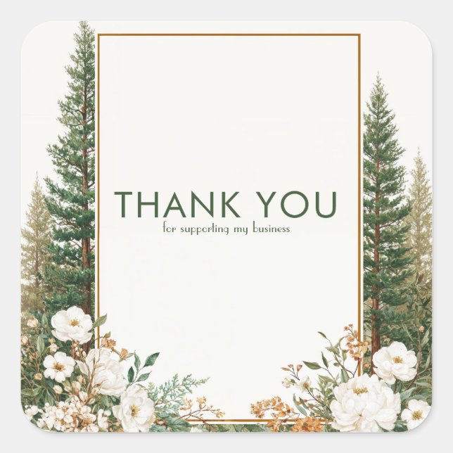 Pegatina Cuadrada Elegant Pine Tree White Peony Rustic Woodland (Anverso)
