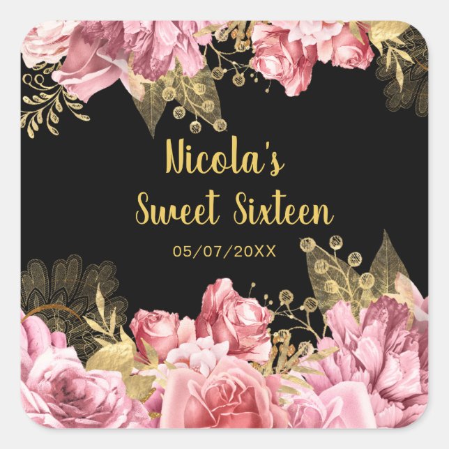 Pegatina Cuadrada Elegant Pink and Gold Flowers Sweet Sixteen  (Anverso)