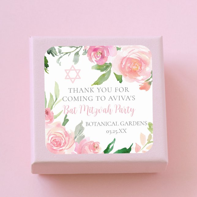 Pegatina Cuadrada Elegant Pink Floral Bat Mitzvah Party Custom (Subido por el creador)