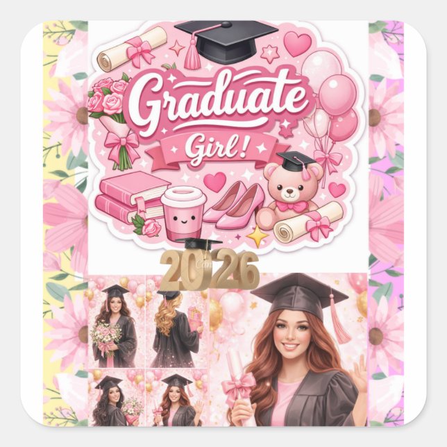 Pegatina Cuadrada Elegant Pink Floral Graduation Party baner (Anverso)
