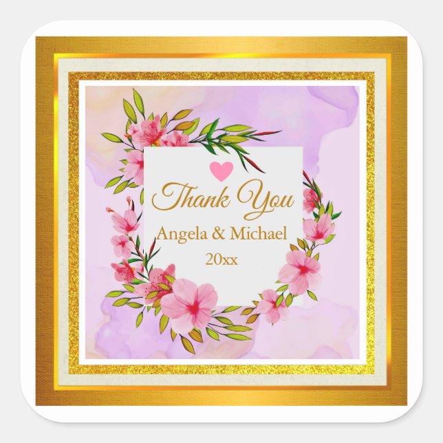 Pegatina Cuadrada Elegant Pink Floral Thank You Wedding Favor (Anverso)