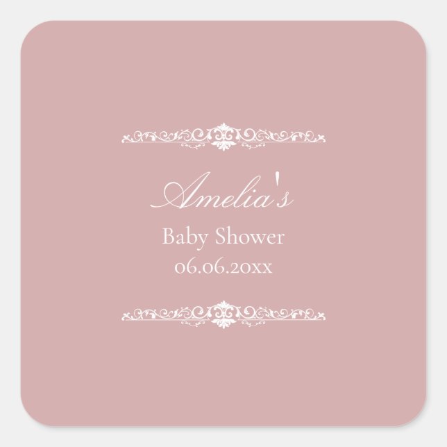 Pegatina Cuadrada Elegant Pink Regency Style Baby Shower  (Anverso)