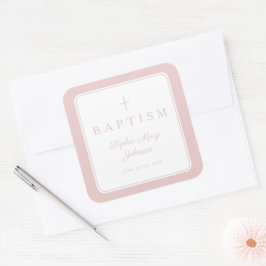 Pegatina Cuadrada Elegant Pink Religious Cross Boy Baptism 