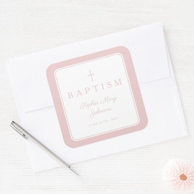 Pegatina Cuadrada Elegant Pink Religious Cross Boy Baptism  (Sobre)
