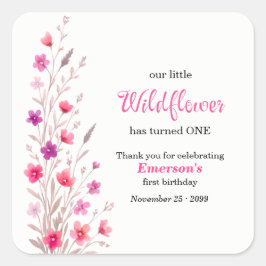 Pegatina Cuadrada Elegant Pink  Wildflower 1st Birthday Party