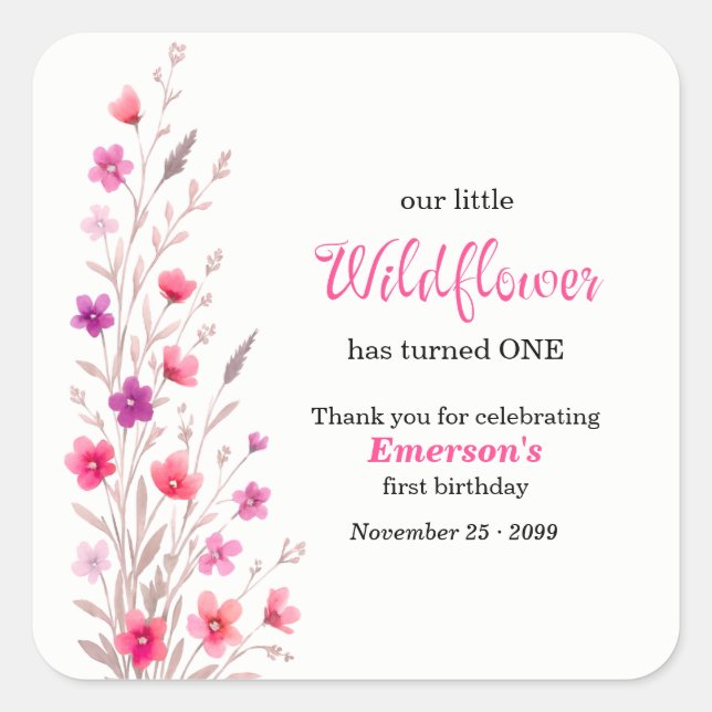 Pegatina Cuadrada Elegant Pink  Wildflower 1st Birthday Party (Anverso)