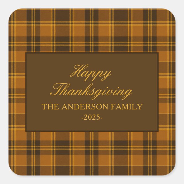 Pegatina Cuadrada Elegant Plaid Thanksgiving Classic Custom Favor (Anverso)